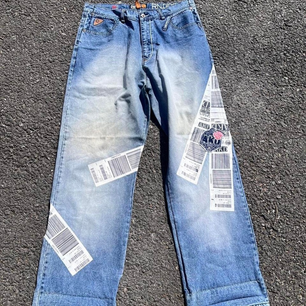 Y2K 2000s Akademiks Graphic Patchwork Baggy Jeans size 36" x 32"
